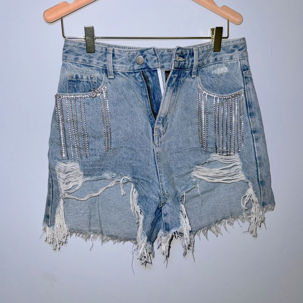 Denim Shorts with rhinestone fringe